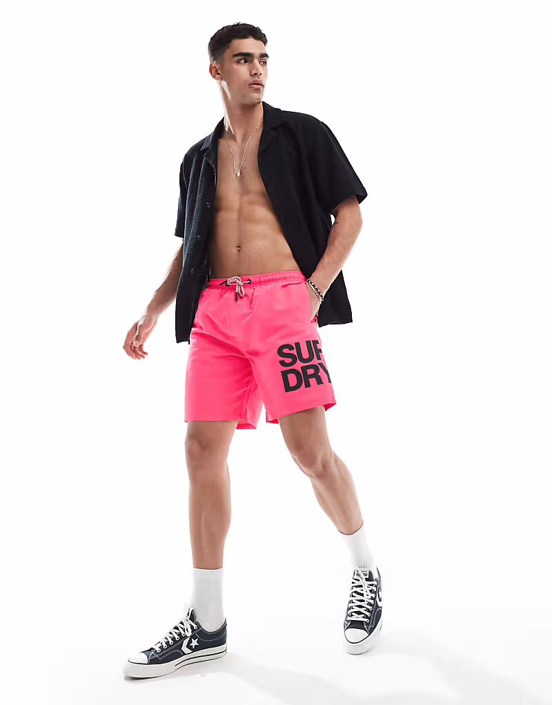 

17-дюймовые шорты для плавания с логотипом Superdry Sportswear в шокирующем розовом цвете