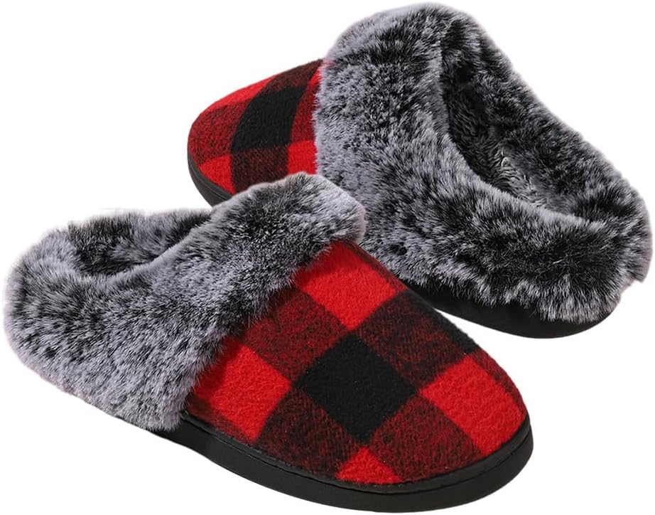 

Женские пушистые домашние тапочки, искусственный мех, тапочки для женщин и мужчин для дома, спальни, в клетку «буффало», без шнурков Eforcase, красный