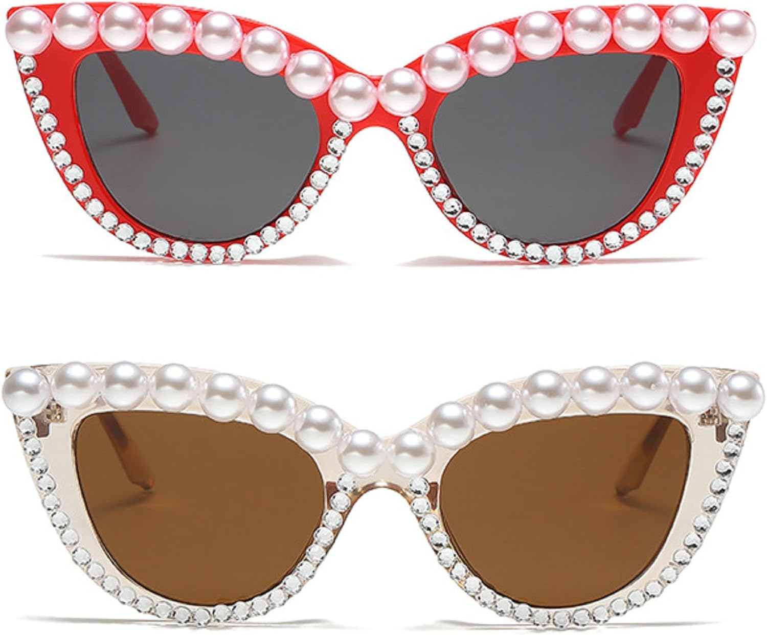 

Солнцезащитные очки «кошачий глаз» с бриллиантами, ретро-очки с жемчугом, женские солнцезащитные очки со стразами, блестящие очки для вечеринок, защита от ультрафиолета UV400 mincl, 2pcs-red&brown