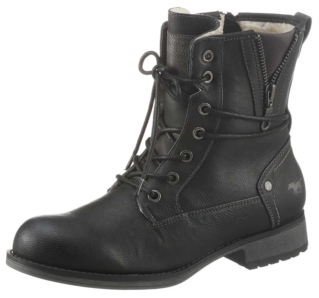 

Зимние ботинки Mustang Shoes, блочный каблук, зимние ботильоны, ботинки на шнуровке с заклепками и декоративными швами, черный