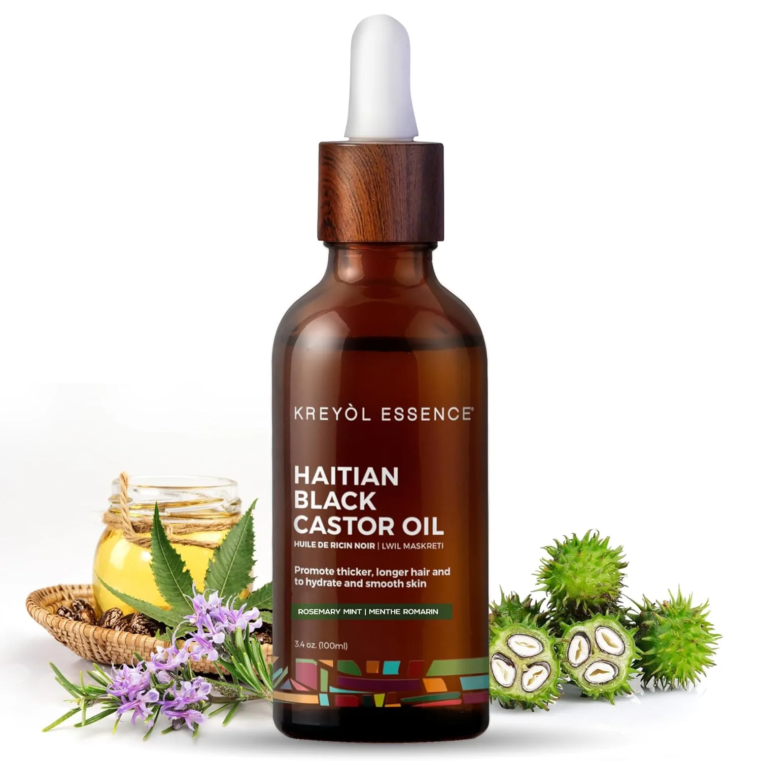Kreyol Essence - гаитянское черное касторовое масло для кожи и волос, стеклянная бутылка - холодный отжим, для густоты волос, без гексана, натуральный увлажнитель, 100 мл, розмарин и мята Kreyòl Essence, BLACK
