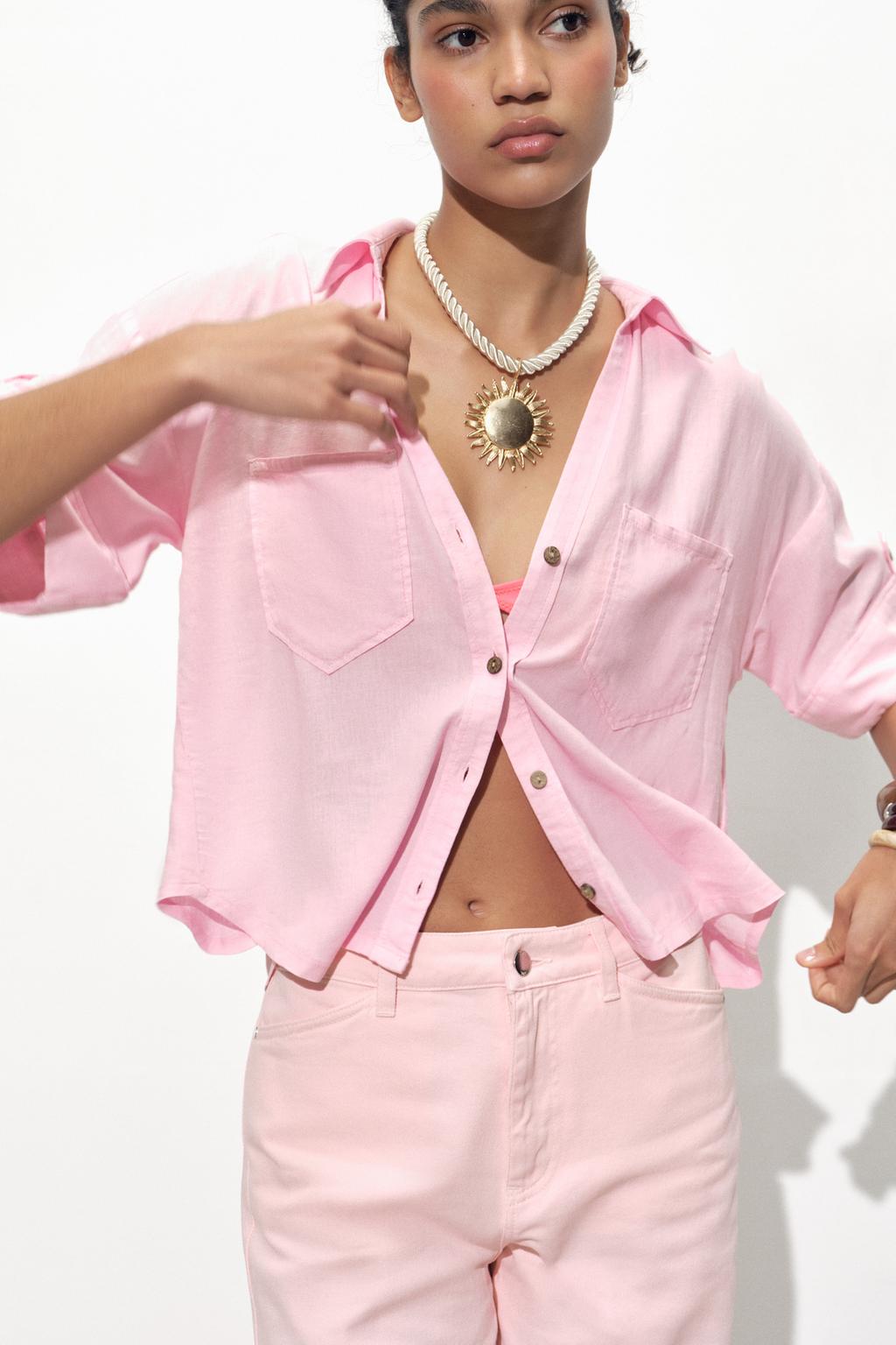 

Укороченная рубашка из льняной смеси ZARA, розовый