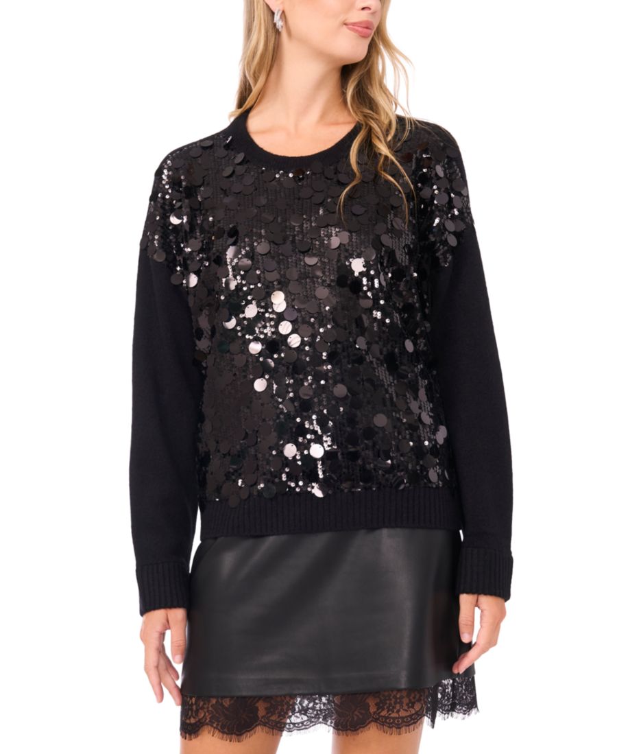 

Женский свитер с круглым вырезом и пайетками, с длинными рукавами Vince Camuto, Rich Black