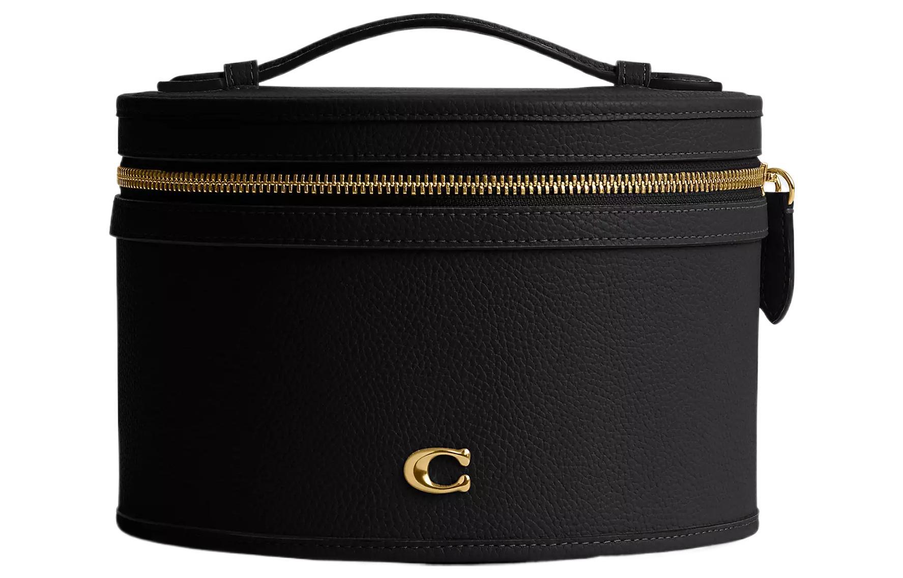 

COACH Кожаная цилиндрическая сумка косметичка женская малая латунь и черный