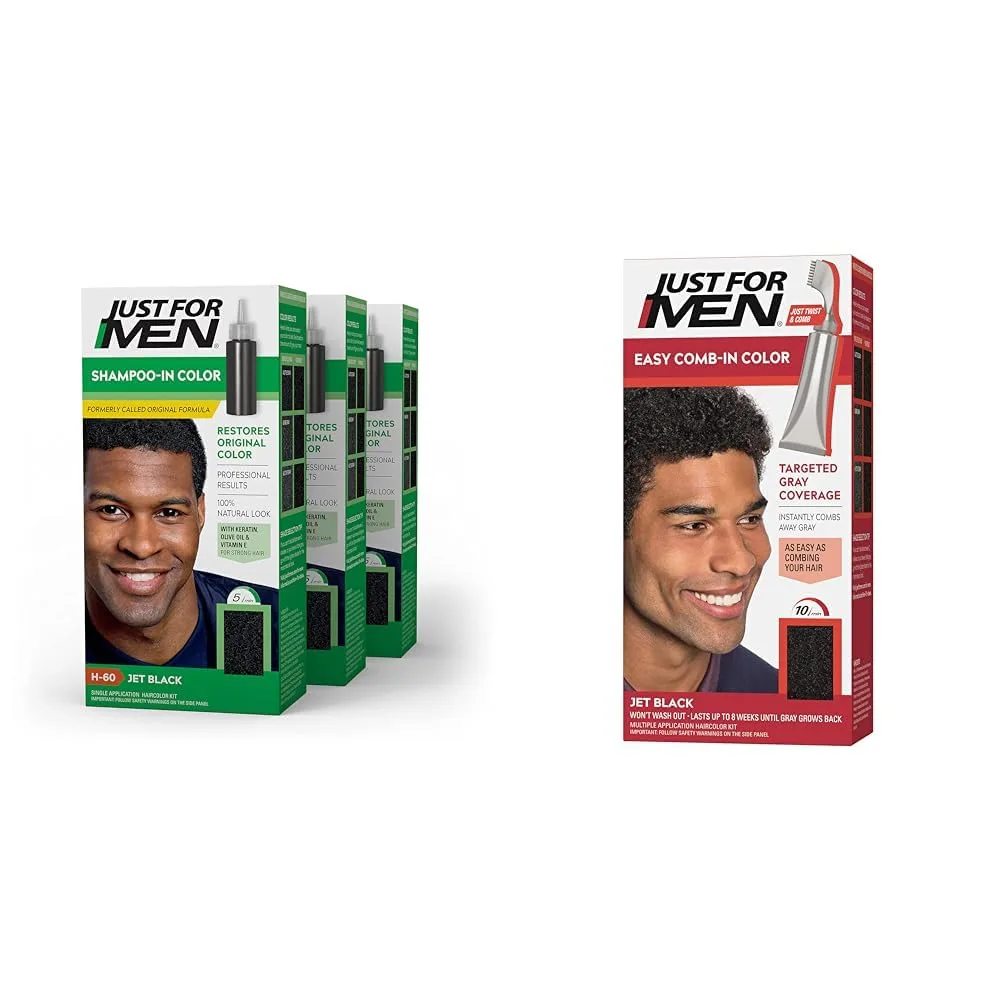 Just For Men Shampoo-In Color (бывшая Original Formula), краска для волос для мужчин с аппликатором-расческой, легкое нанесение без смешивания - Jet Black, A-60, 1 шт, Jet Black