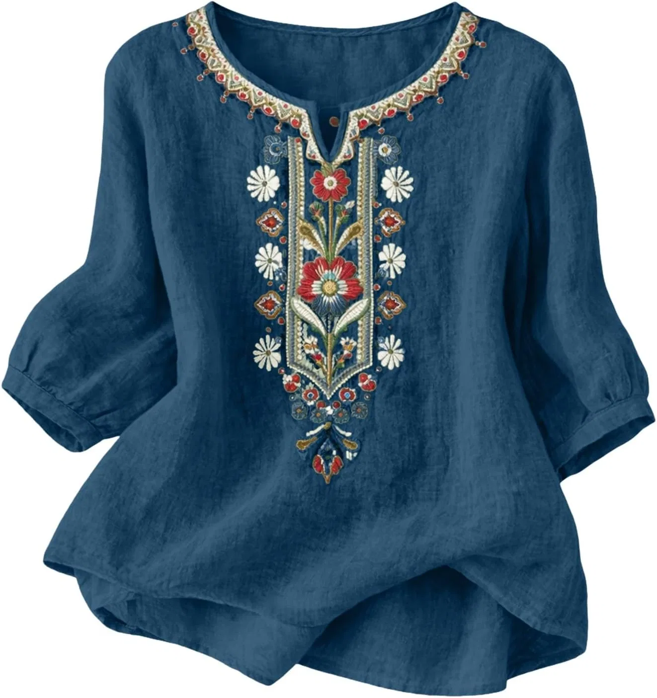 Блуза с вышивкой, 3/4 рукав, V-образный вырез, богемный стиль, 4-dark Blue