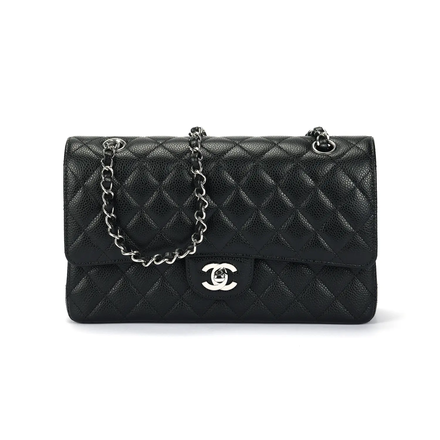 

CHANEL Классический клатч с откидной крышкой из тисненой зернистой кожи с ремешком через плечо и возможностью ношения на плече среднего размера черный женский