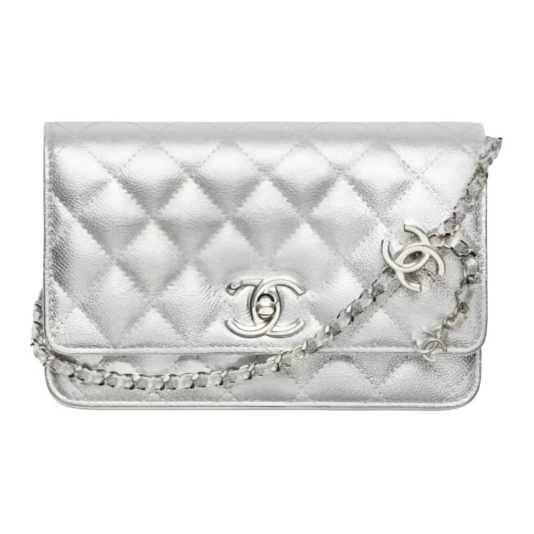 

CHANEL Женская кожаная сумка через плечо серебристая