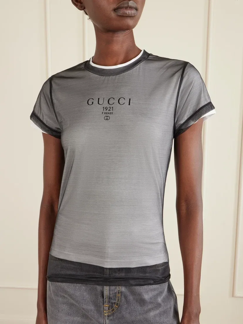 Футболка GUCCI Многослойная с принтом, из тюля и джерси, черный — фото 3