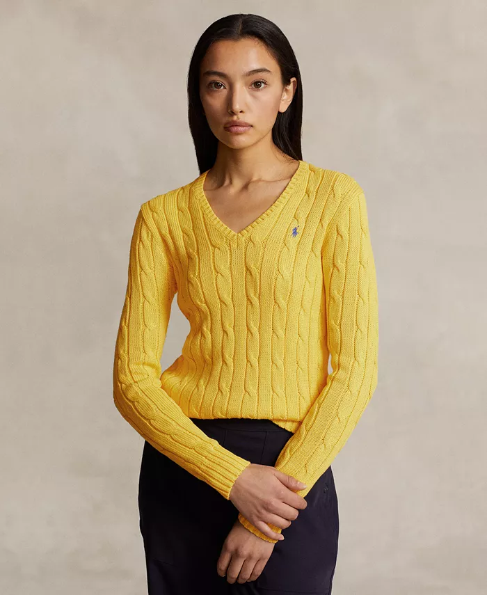 

Женский вязаный свитер с V-образным вырезом из хлопка Polo Ralph Lauren, желтый
