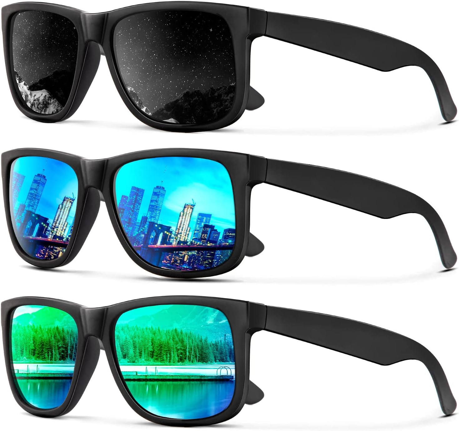 

Солнцезащитные очки KALIYADI для мужчин и женщин, поляризованные, классическая матовая черная оправа, защита от УФ-излучения, комплект из 3 штук, (3 Pack) Black/Ice Blue/Green