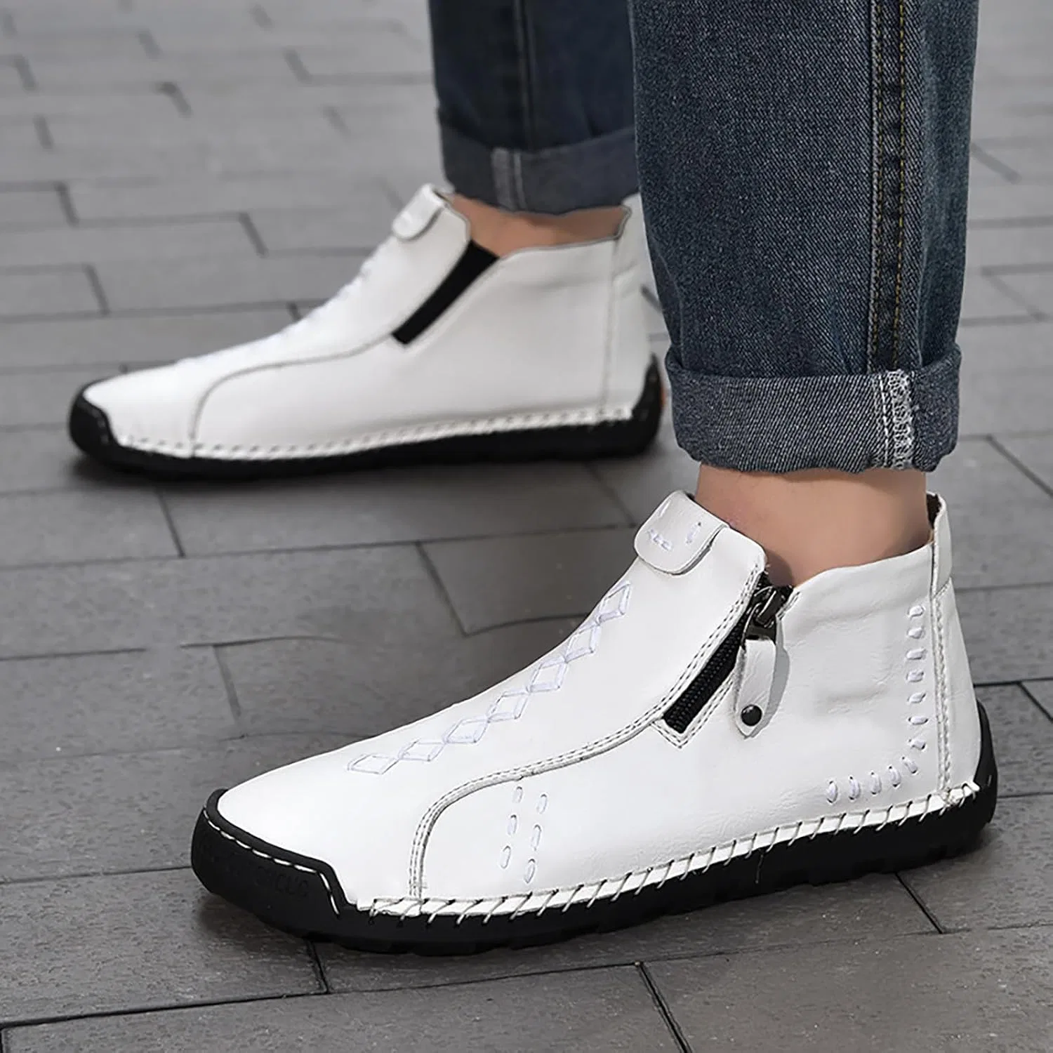 Herren Leder Freizeitschuhe, Лоферы Оксфордские слипоны Schuhe Stiefeletten Handnähte Seitlicher Reißverschluss, Прогулочные кроссовки Wanderschuhe Renaissance Mokassins Mittelalterliche Stiefel Generic, Weiß — фото 2