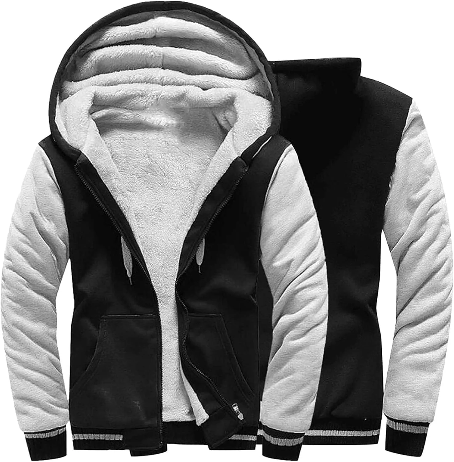 Мужская толстовка с капюшоном Sherpa на молнии, флисовая куртка Color Block с длинными рукавами, теплый спортивный свитер с карманами Generic, черный — фото 3