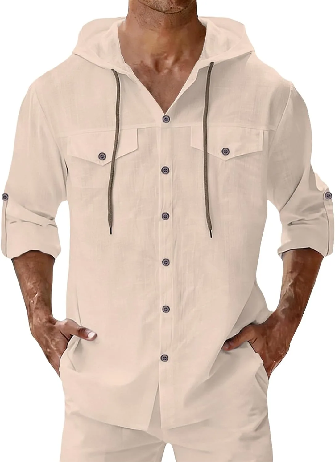 

Льняная рубашка с капюшоном для мужчин, Long Sleeve, летняя
