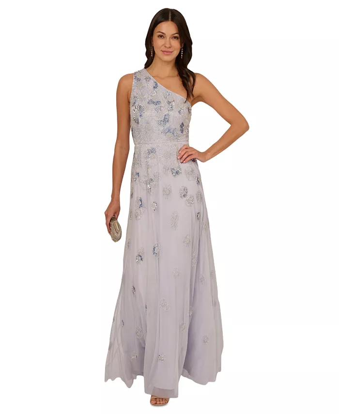 

Женское платье с асимметричным вырезом, расшитое бисером и сеткой Adrianna Papell, синий