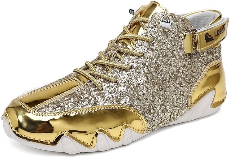

Мужские высокие блестящие кроссовки с округлым носком, шнуровкой, удобные, противоскользящие, с липучкой и пайетками, ботильоны Generic, Gold