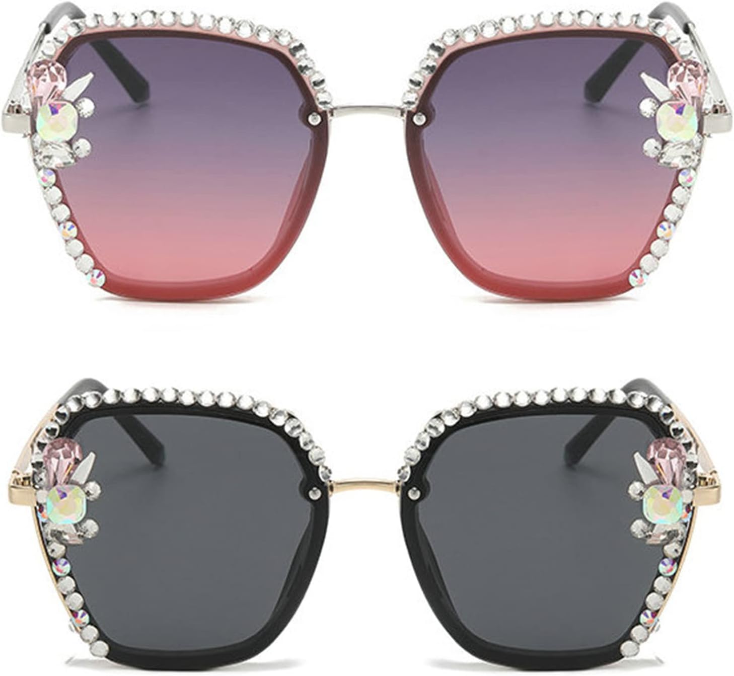 

Willochra Модные солнцезащитные очки без оправы со стразами для женщин, роскошные, сексуальные, с бриллиантами, квадратной формы, блестящие солнцезащитные очки для женщин, 2pcs-black&purple