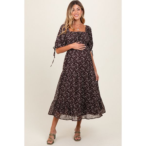 

Платье миди для беременных, коричневое, с цветочным принтом, присборенными рукавами и завязками. Pinkblush
