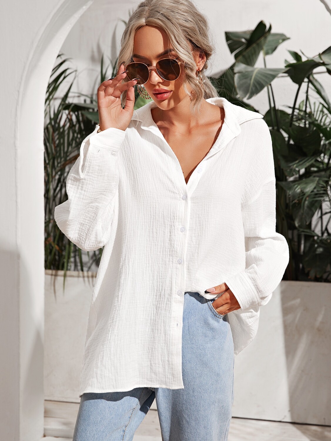 

SHEIN Frenchy, длинная рубашка, с открытыми плечами, однотонный, белый цвет