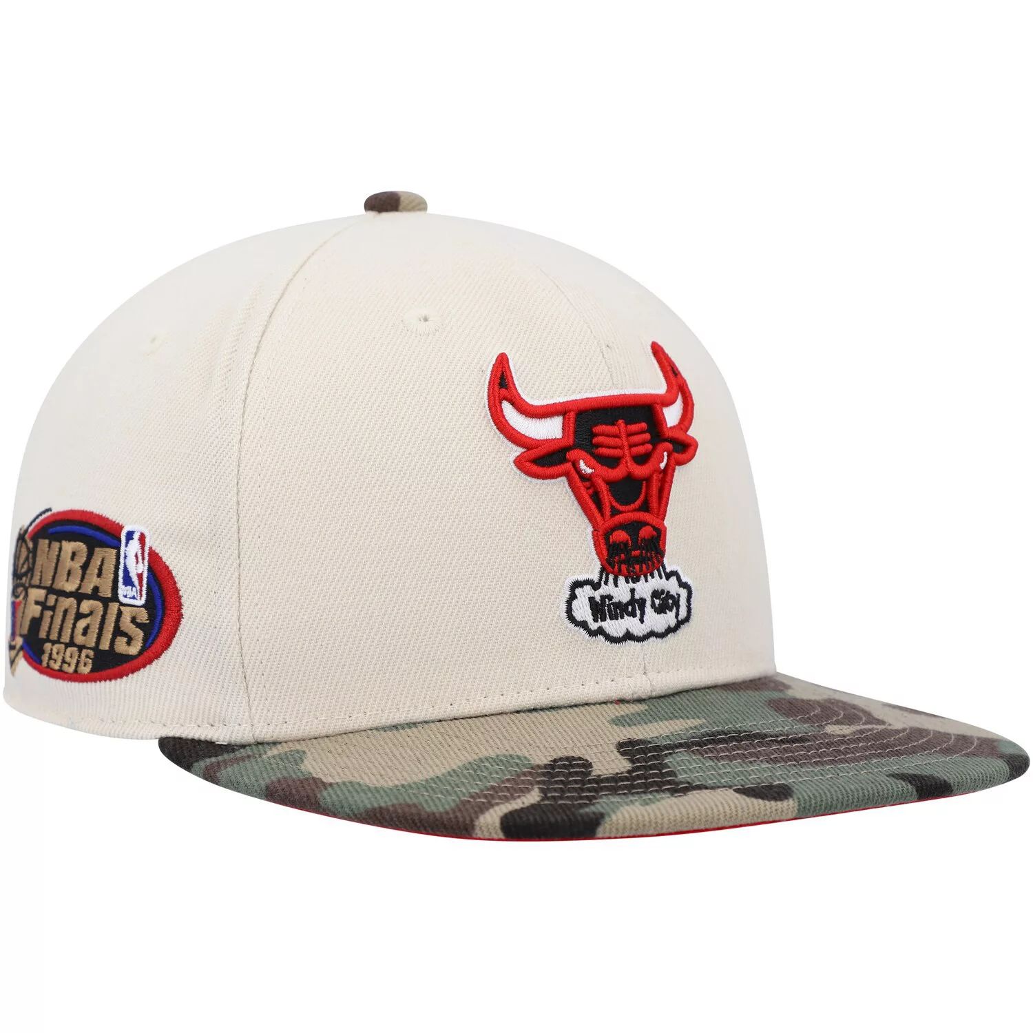 

Мужская кремовая/камуфляжная шляпа Mitchell & Ness Chicago Bulls Hardwood Classics 1996 NBA Finals, белая камуфляжная облегающая шляпа