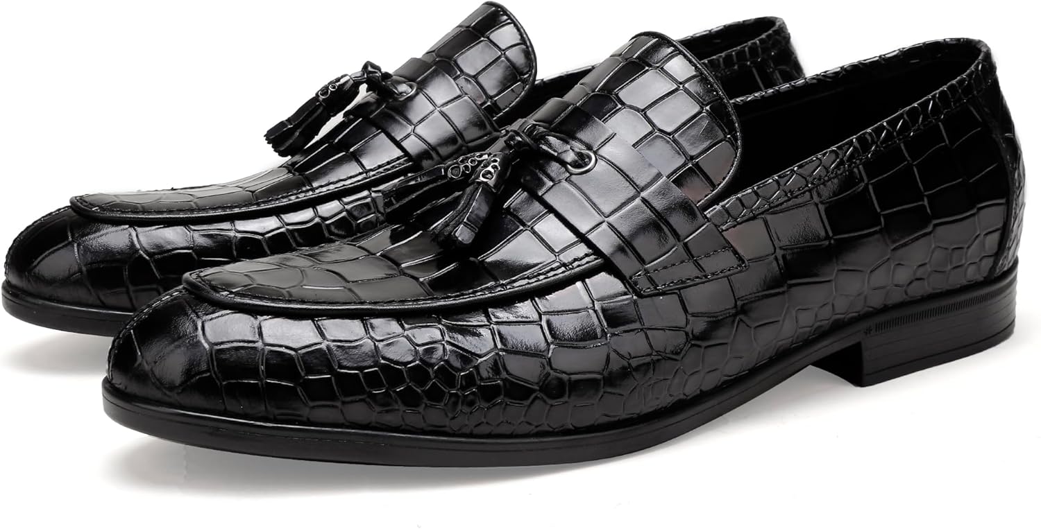 

Мужские кожаные лоферы с кисточками, классические туфли с тиснением под крокодила, деловые и праздничные лоферы для мужчин Generic, черный