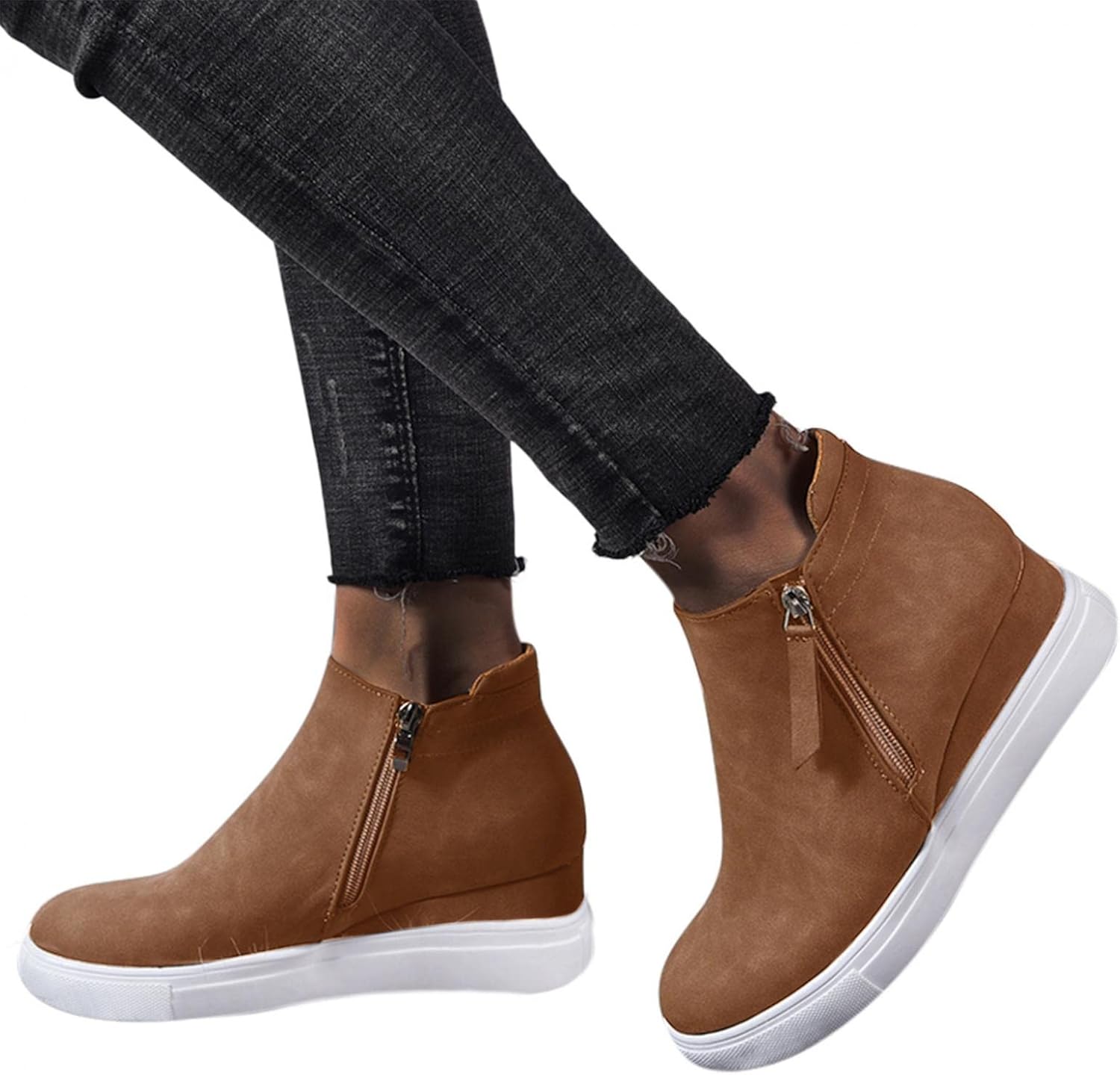 Женские платформенные ботинки Hbeylia Wedge, модные повседневные кожаные с округлым носком, на массивной подошве с высокими каблуками, ботильоны с боковой молнией, высокие модные кроссовки, короткие платьевые ботинки для рождественского декора,... — фото 4