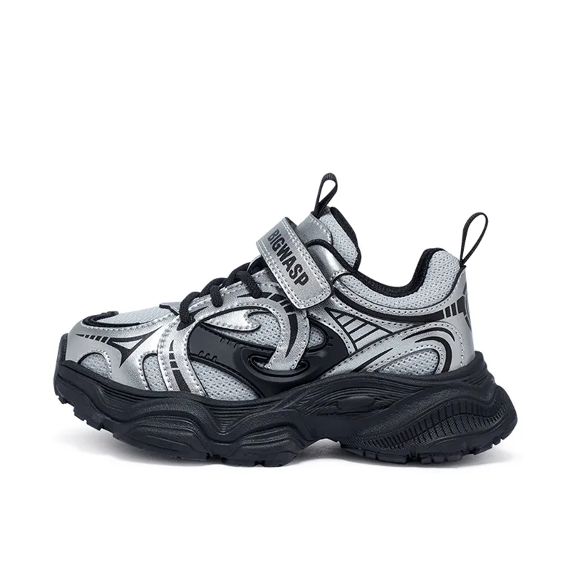 Детские повседневные кроссовки low top из искусственной кожи, нескользящие, дышащие, устойчивые к ударам и истиранию BIG WASP, черный серебро