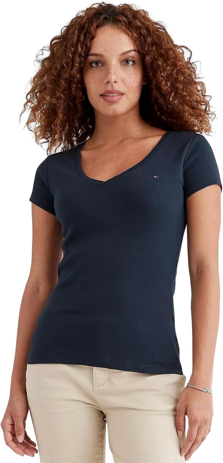 

Женская футболка Tommy Hilfiger с коротким рукавом и V-образным вырезом, однотонная хлопковая, Desert Sky Navy., Коричневый, Женская футболка Tommy Hilfiger с коротким рукавом и V-образным вырезом, однотонная хлопковая, Desert Sky Navy.