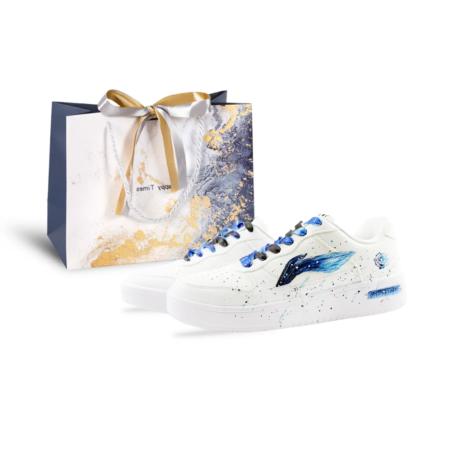 

LINING ЛиНинг Понтонные Лодки Нескользящие и Износостойкие Низкие Кроссовки для Скейтбординга Мужские Бело-Синие (Синий Золотой Пакет для Покупок)