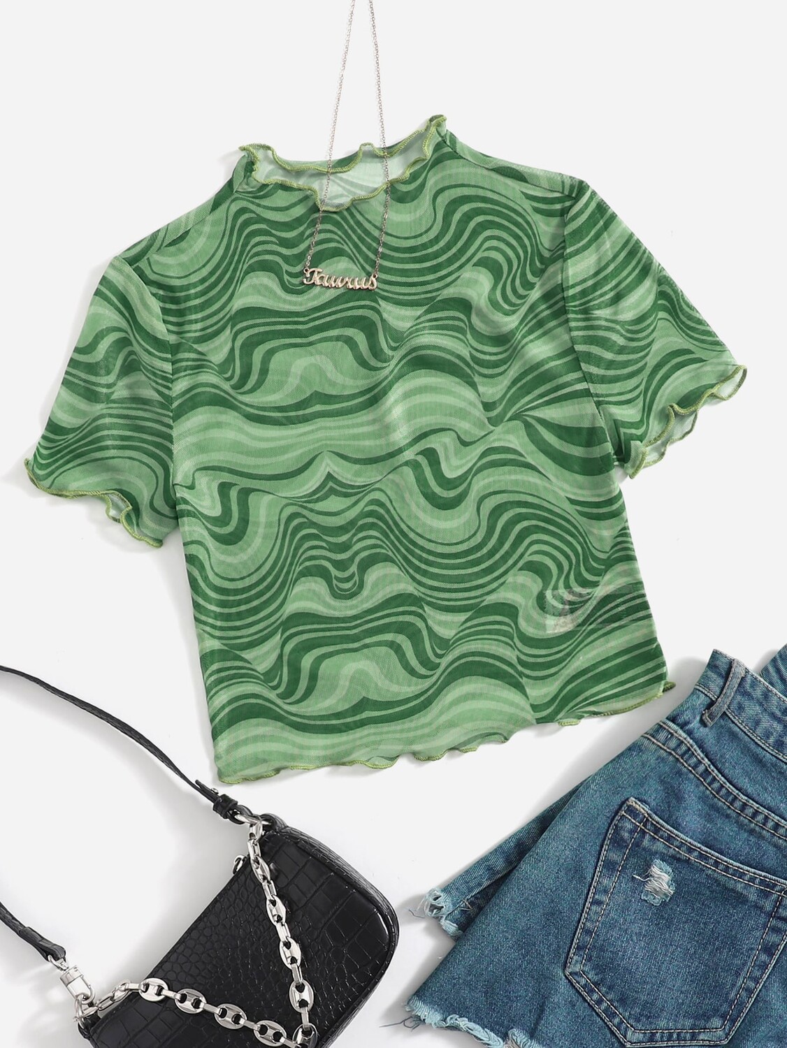 

SHEIN EZwear сетчатая рубашка, неровные края, принт в виде воды по всей поверхности, зеленый