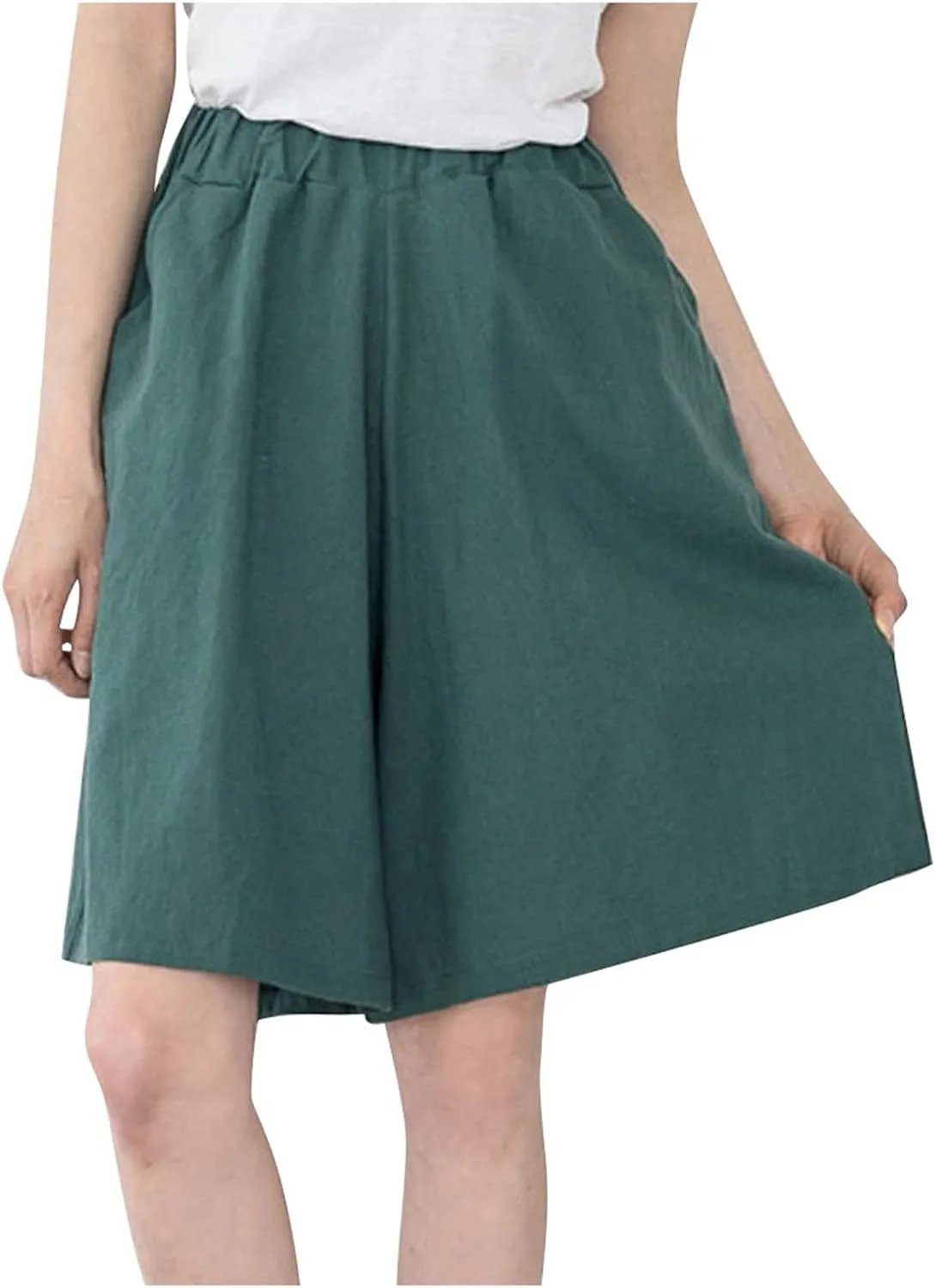 

NATHGAM женские повседневные шорты из хлопка и льна, эластичные, с высокой талией, широкие, до колена, Plus Size