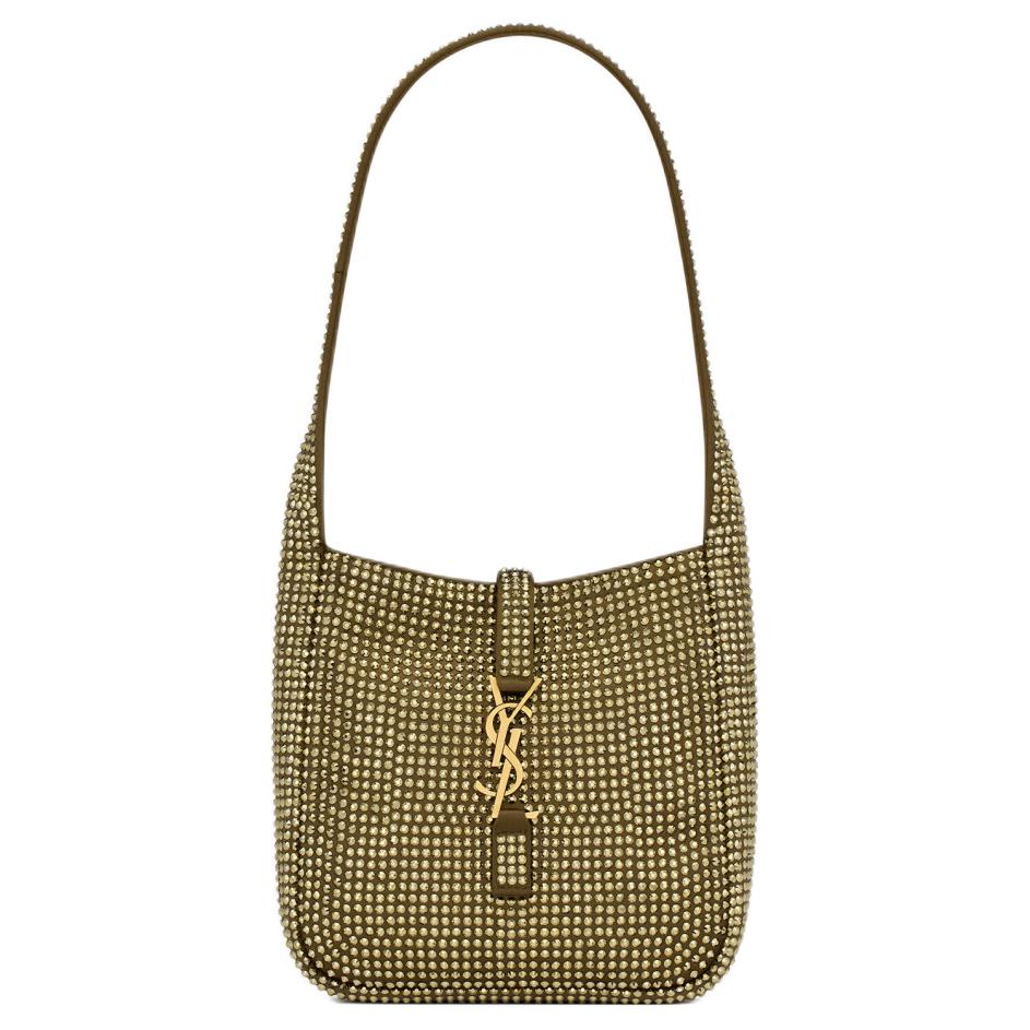 

SAINT LAURENT Жёлто-коричневая женская сумочка из парчи с сатиновым покрытием и стразами через плечо