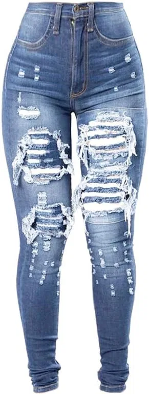 Джинсы с завышенной талией, рваные, Light Blue