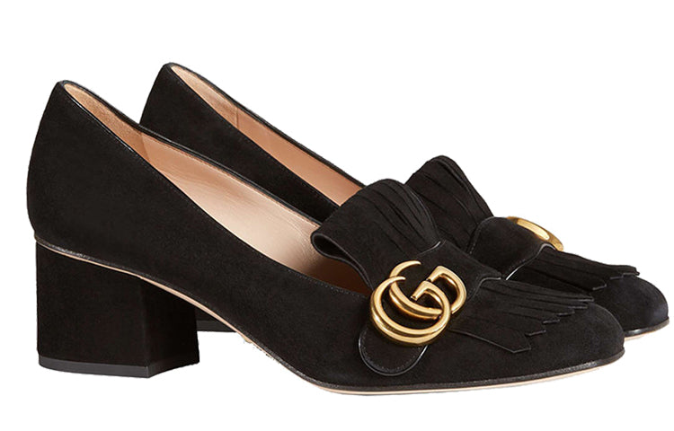 Кроссовки (WMNS) Gucci Marmont Fringed Suede Loafer Mid-Heel 'Black' — фото 2