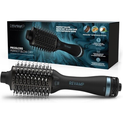 

Revamp Progloss Perfect Blow Dry Air Styler 4 в 1 Профессиональная щетка для сушки, распутывания, укладки и сушки феном Salon Pro Volumizer Легкий керамический корпус 1200 Вт Черный 58x37 мм