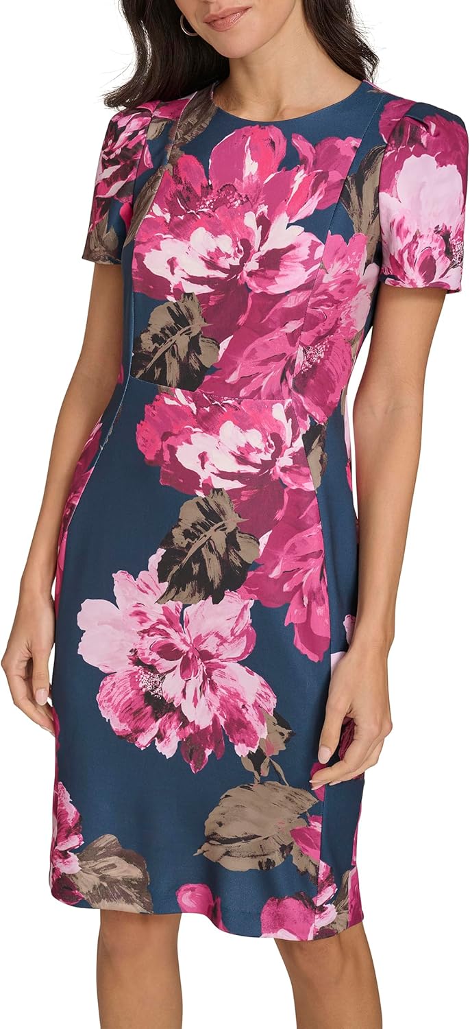 

Женское базовое платье-футляр Calvin Klein из крепа-скуба с короткими рукавами, Indigo Multi