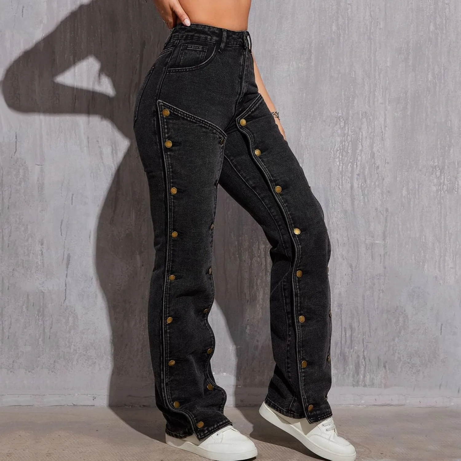 Женские джинсы high waisted straight wide leg с патчворком и съемными кнопками — фото 3
