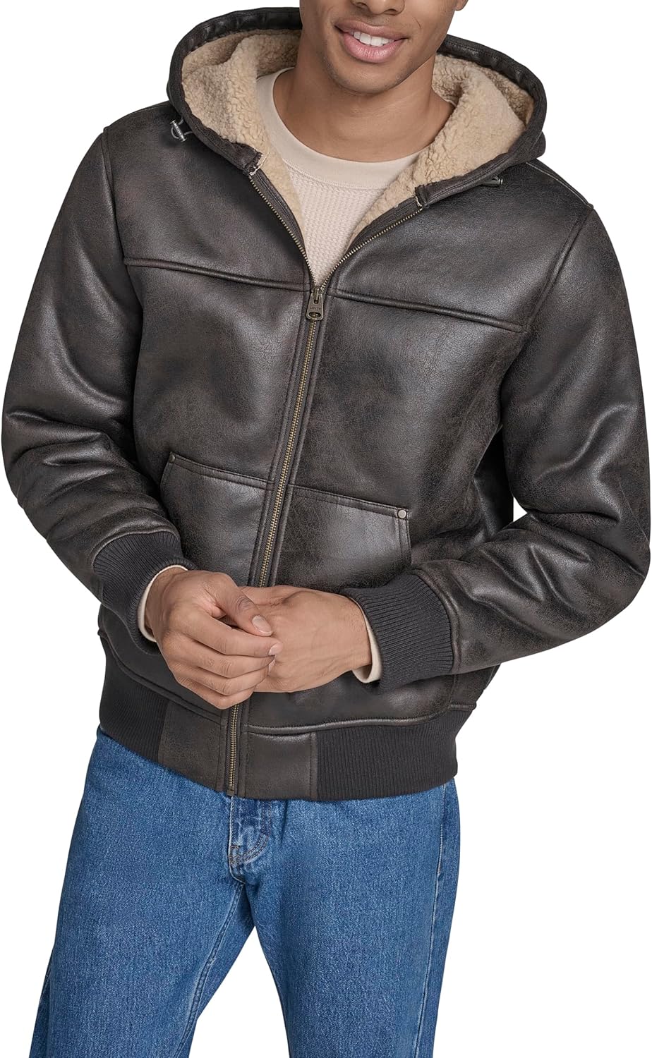 

Мужская куртка-бомбер Levi's из искусственной кожи с капюшоном и отделкой из коровьей кожи, Mole Brown Faux Shearling