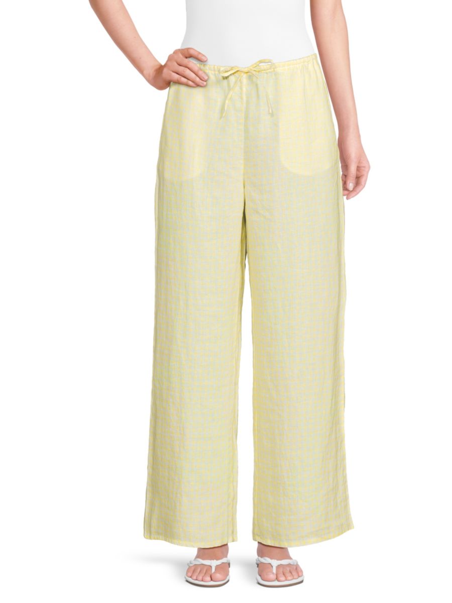 

Брюки в клетку из 100% льна с завязками Saks Fifth Avenue, цвет Gingham Yellow