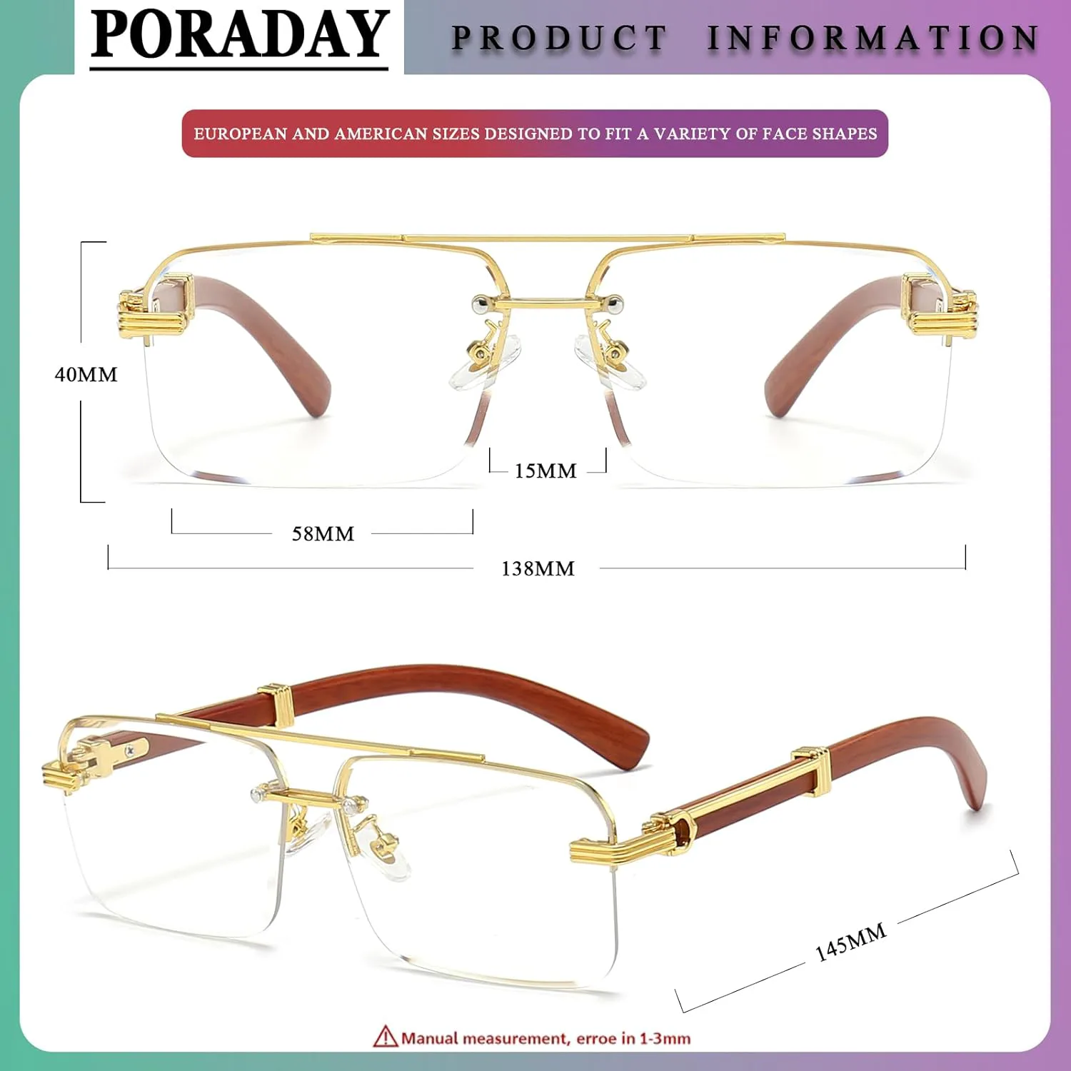 

Солнцезащитные очки PORADAY без оправы для мужчин и женщин, винтажные прямоугольные солнцезащитные очки, модные безрамочные квадратные тонированные очки, Clear