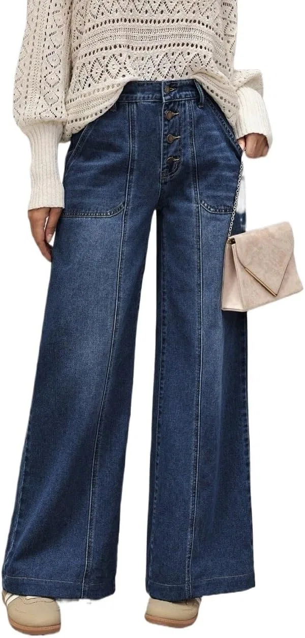 Джинсы свободные, широкие, на пуговицах, Dark Wash