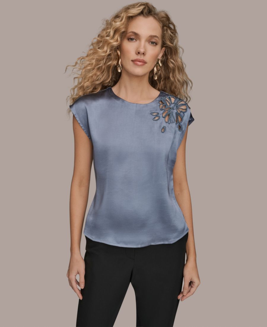 

Женская атласная блузка с короткими рукавами и цветочным принтом Donna Karan New York, Tempest