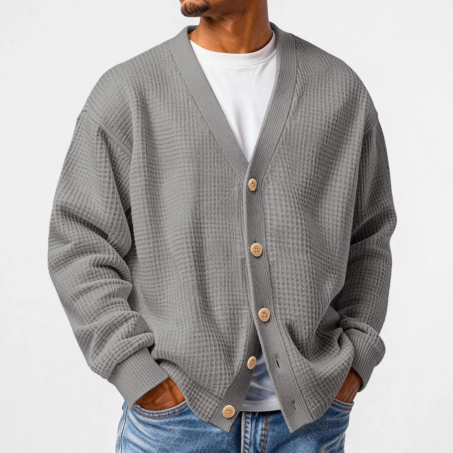 Кардиган мужской Waffle Long Sleeve Button Up Open Front — фото 2