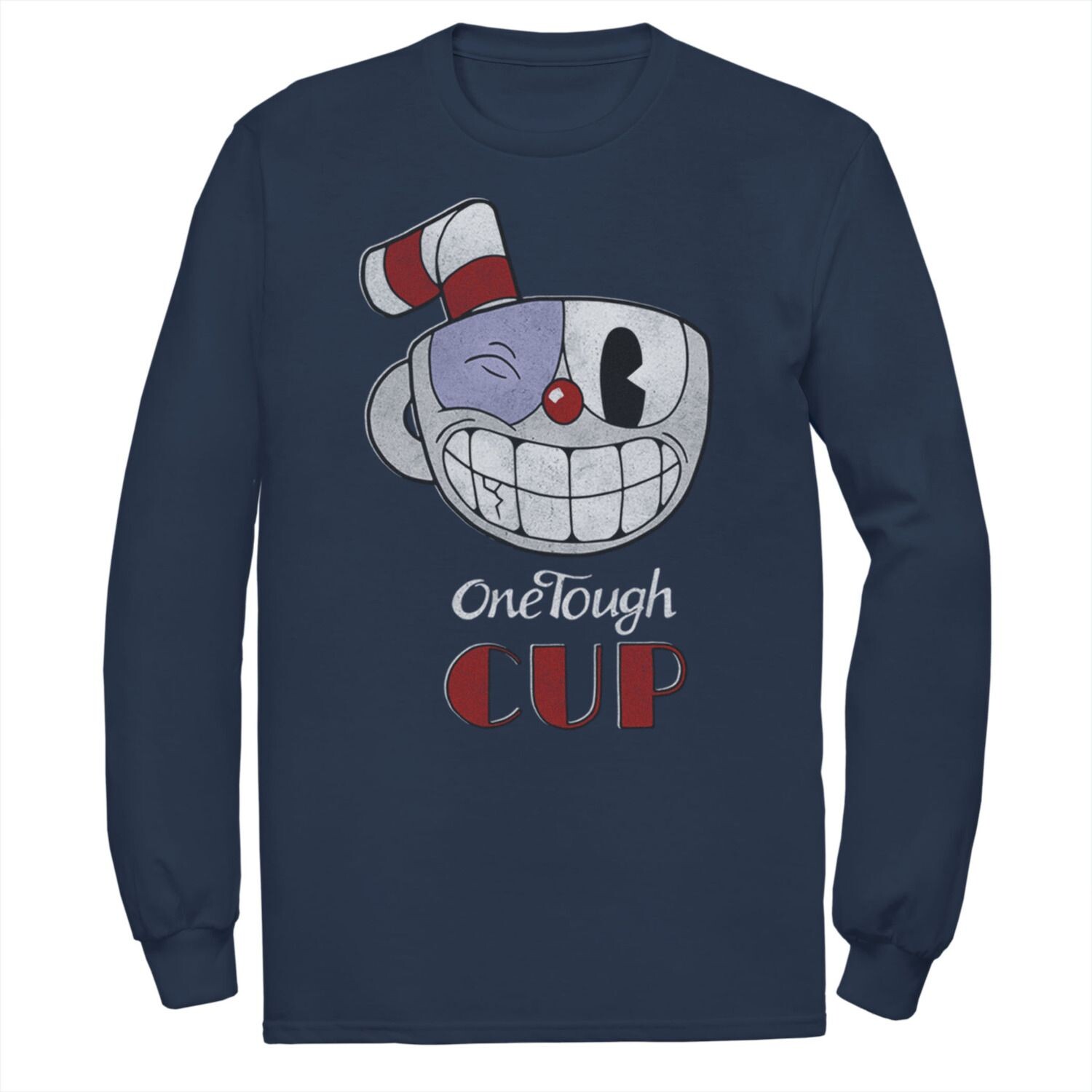 

Мужская футболка с длинными рукавами и рисунком Cuphead One Tough Cup Black Eye Wink Licensed Character