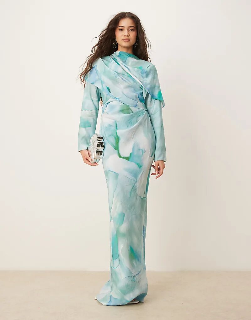 

Длинное платье ASOS DESIGN с высоким воротом, драпированным лифом и зеленым абстрактным принтом