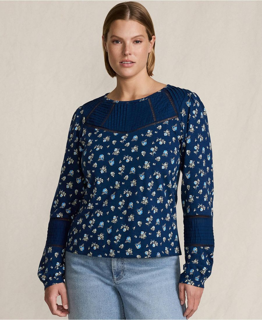 

Женская блузка больших размеров с длинными рукавами из фактурной ткани с меланжевым эффектом Lands' End, Deep sea dainty floral