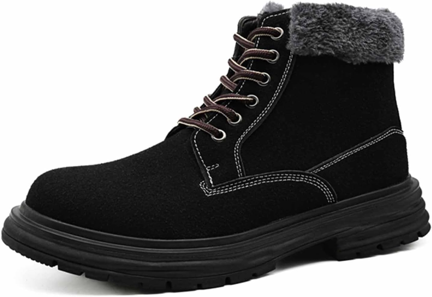 

Мужские замшевые зимние ботинки на шнуровке с теплой меховой подкладкой, удобные с круглым носком, подошва с протектором, высокие, противоскользящие, для прогулок на улице Eggdk, черный