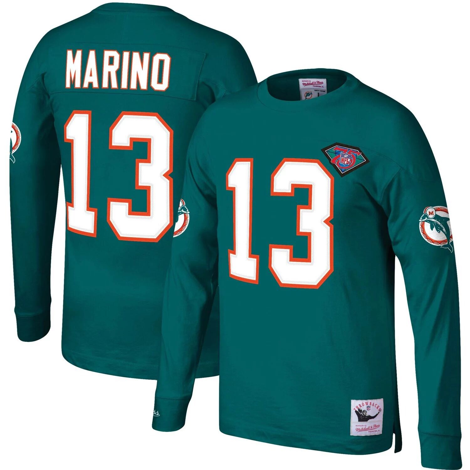 

Мужская футболка с длинными рукавами Mitchell & Ness Dan Marino Aqua Miami Dolphins Throwback Имя и номер игрока в отставке