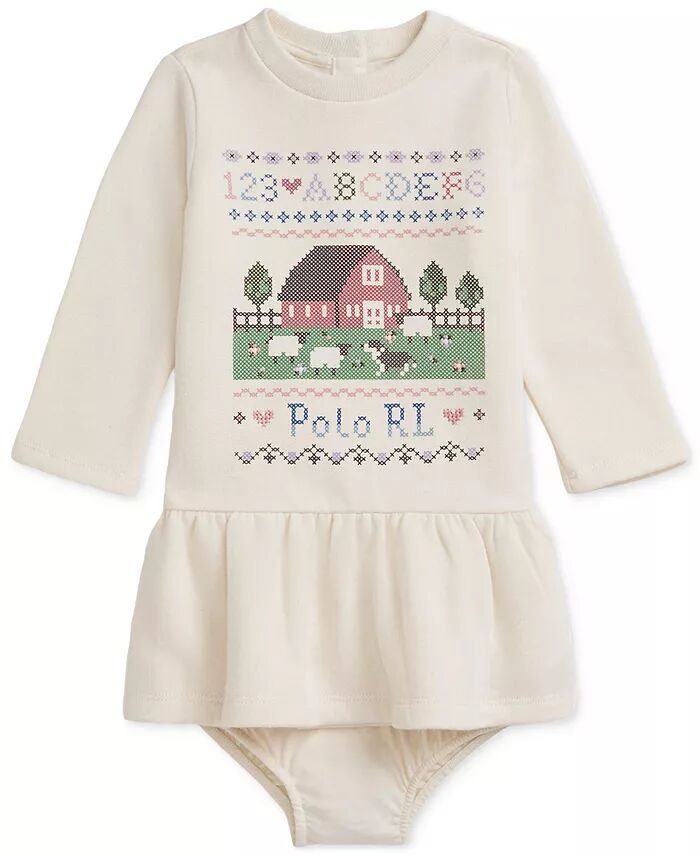 

Флисовое платье Baby Barn с графическим принтом Polo Ralph Lauren, слоновая кость/кремовый