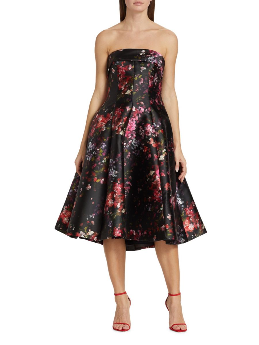 

Коктейльное платье без бретелек из микадо со вставками Amsale, цвет Red Multicolor